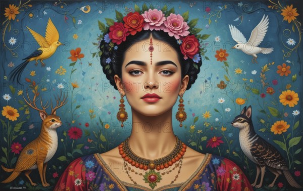 A portrait of a woman adorned with flowers, birds, and animals, rendered in a vibrant and artistic style, AI generated