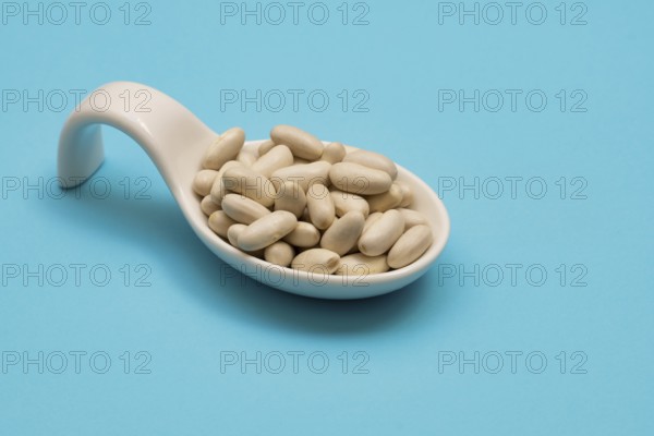 White ceramic spoon with white beans and blue bottom