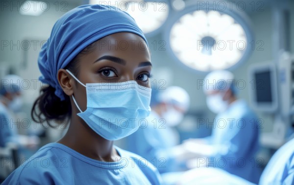 An African-American female surgeon in an operating room. She is wearing a surgical mask and cap, looking directly at the camera, AI generated