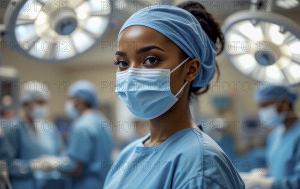 A beautiful black female surgeon wearing a surgical mask and scrub cap in an operating room, focused and ready, AI generated