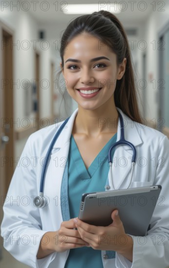 A smiling female doctor stands in a hospital hallway, holding a tablet and wearing a stethoscope. She appears friendly and approachable, AI generated