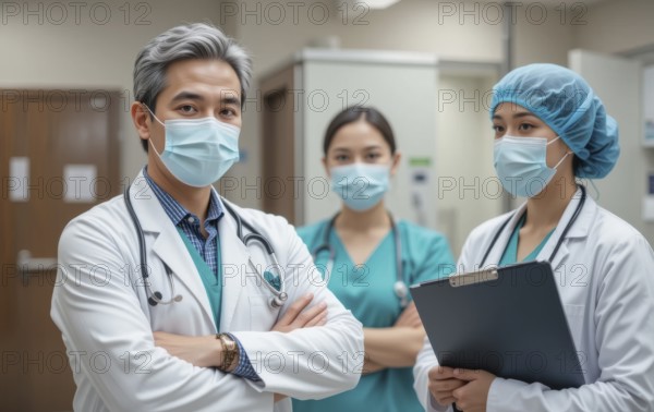 A team of healthcare professionals, wearing masks and scrubs, stands together in a hospital setting, ready to provide care, AI generated