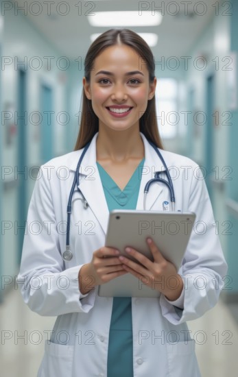 A smiling female doctor in a white coat and stethoscope holds a tablet in a hospital hallway, AI generated