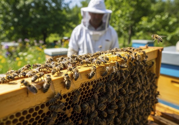 A close-up of a honeycomb frame bustling with honeybees, with a blurred beekeeper and beehive in the sunny background, highlighting beekeeping AI Generated