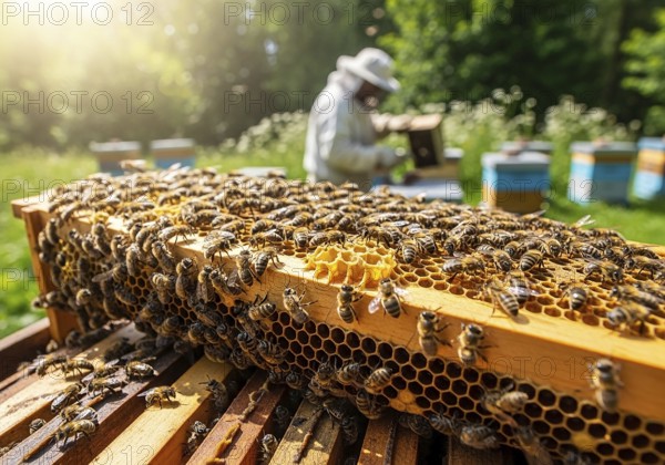 A close-up of a honeycomb frame bustling with honeybees, with a blurred beekeeper and beehive in the sunny background, highlighting beekeeping AI Generated