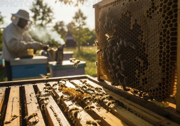 A close-up of a honeycomb frame bustling with honeybees, with a blurred beekeeper and beehive in the sunny background, highlighting beekeeping AI Generated