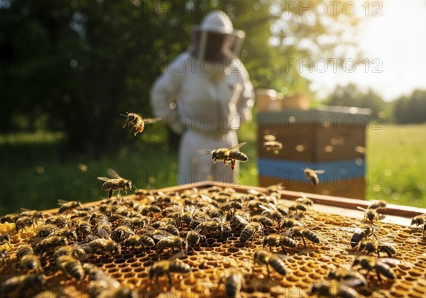 A close-up of a honeycomb frame bustling with honeybees, with a blurred beekeeper and beehive in the sunny background, highlighting beekeeping AI Generated