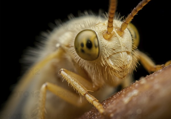: Extreme close-up of an insect's head, revealing intricate compound eyes, delicate antennae, and fine hairs, against a dark, blurred background AI Generated