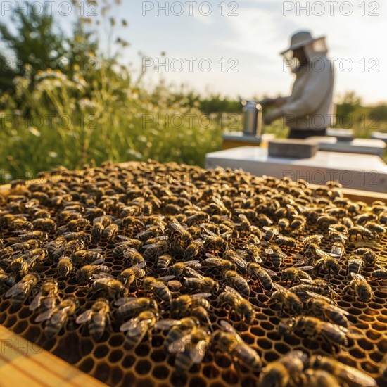 A close-up of a honeycomb frame bustling with honeybees, with a blurred beekeeper and beehive in the sunny background, highlighting beekeeping AI Generated