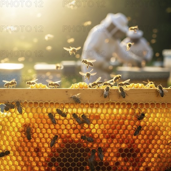 A close-up of a honeycomb frame bustling with honeybees, with a blurred beekeeper and beehive in the sunny background, highlighting beekeeping AI Generated