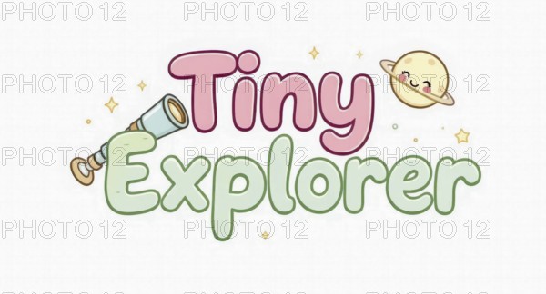 Cute cartoon illustration of the words 'Tiny Explorer' with a telescope, planet, and stars. Ideal for children's educational materials, AI generated