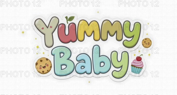 This adorable image features the words 'Yummy Baby' in colorful, playful lettering, accompanied by cute illustrations of cookies and a cupcake, AI generated