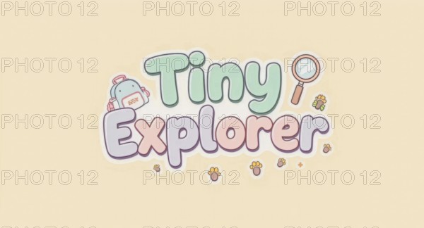 A cute illustration of the words Tiny Explorer accompanied by a backpack, magnifying glass, and paw prints on a beige background, AI generated