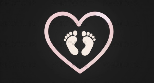 A pink heart with baby footprints inside on a black background, perfect for baby-related themes. The heart symbolizes love and care, AI generated