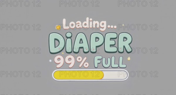 A humorous illustration depicts a diaper loading to 99% full, with playful text. The design incorporates pastel colors and a loading bar, AI generated