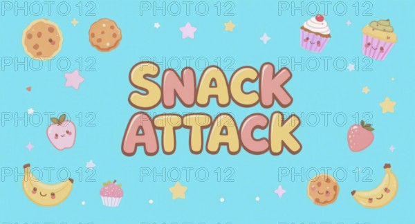 A cute illustration with a Snack Attack theme, featuring various snacks, and cartoon characters on a vibrant teal background, AI generated