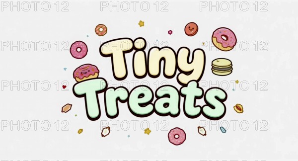 A cute illustration of the words Tiny Treats with various dessert elements scattered around, AI generated