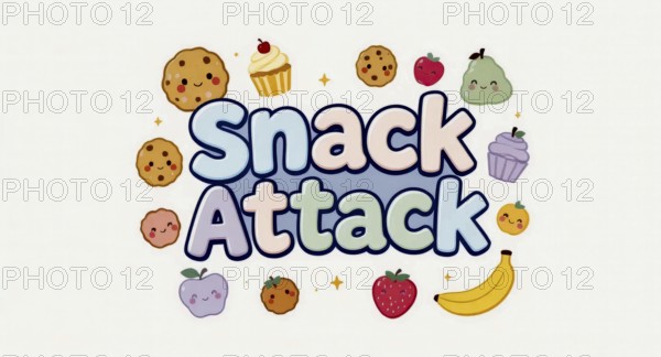 This delightful illustration features a 'Snack Attack' theme, with smiling food icons, AI generated