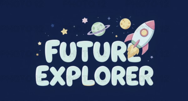 A whimsical illustration featuring the words 'Future Explorer' with a rocket ship, planets, stars, and a night sky background, AI generated