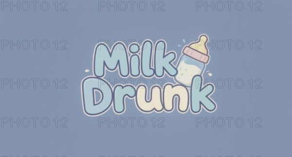 A whimsical cartoon design featuring the words Milk Drunk with a baby bottle illustration on a blue background, AI generated