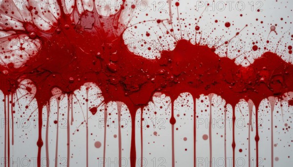 An abstract art piece featuring vibrant red paint splatters and drips against a clean white background, evoking a sense of energy and chaos, AI generated