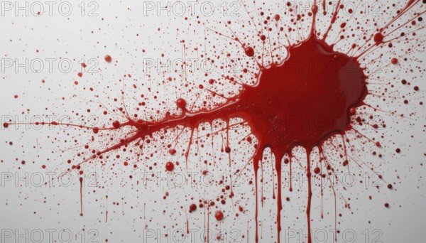 A striking image of a vivid red blood splatter against a clean, white background. The dynamic composition creates a sense of impact, AI generated