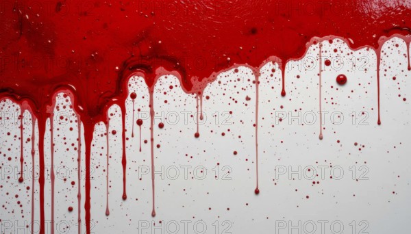 Vivid red paint drips and splatters against a clean white background, creating a striking visual effect. The contrast makes the image pop, AI generated