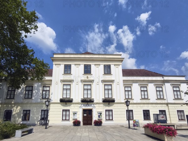 Historical museum with symmetrical façade and blooming roses in the foreground, under a blue sky Mödling Lower Austria Austria