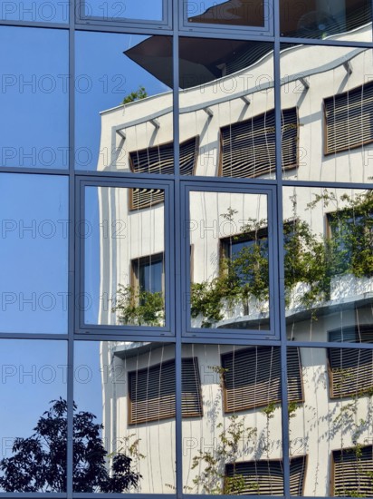 Reflection of a modern building with glass façade and greenery under a blue sky Mödling Lower Austria Austria