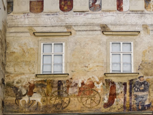 Faded medieval wall painting with windows and decorative elements Göglhaus Old Town Krems Wachau Waldviertel Lower Austria Austria