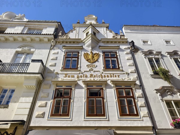 Decorative historic façade with eagle on a bright blue sky Old town Bürgerhaus Zum goldenen Reichsadler Krems Wachau Waldviertel Lower Austria Austria