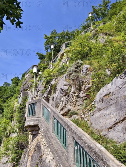 Historic staircase embedded in the rock, surrounded by greenery, urban flair Stairway to the Graz Clock Tower Graz Styria Austria