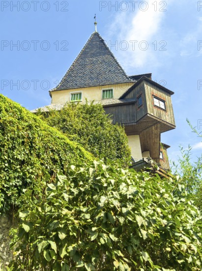 Historic tower and half-timbered house embedded in green vegetation under a blue sky Graz Clock Tower Graz Styria Austria