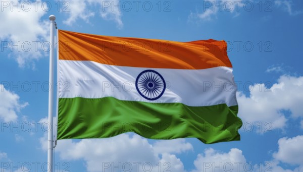 The Indian flag flutters against a bright blue sky dotted with puffy white clouds. A symbol of India, AI generated