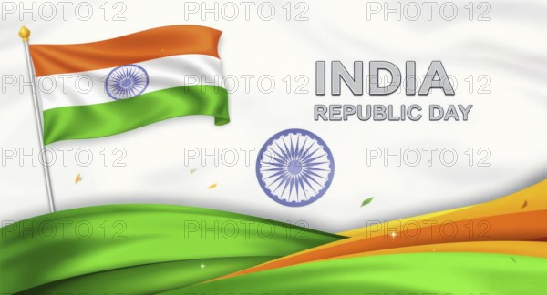 An artistic depiction of India's Republic Day with the Indian flag waving in the wind, featuring the Ashoka Chakra and vibrant colors, AI generated