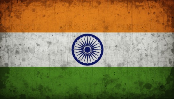 A weathered, vintage-style image of the Indian flag, featuring saffron, white, green stripes and the Ashoka Chakra, AI generated