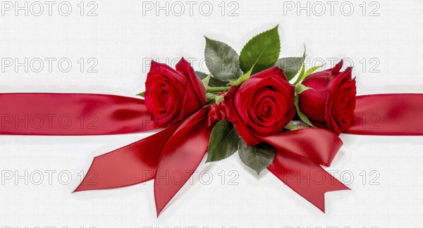 A beautiful image showcasing vibrant red roses with a silky ribbon on a pristine white backdrop, perfect for various occasions, AI generated