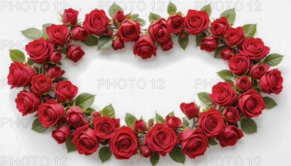 A vibrant heart-shaped arrangement of red roses and green leaves on a white background, perfect for romantic themes and designs, AI generated