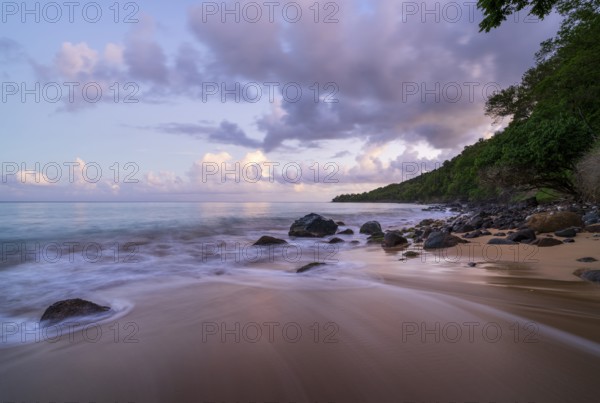 Grande Anse beach, coast and sea at dawn, Deshaies, Basse Terre, Guadeloupe, French Antilles, Caribbean