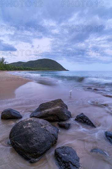Grande Anse beach, coast and sea at dawn, Deshaies, Basse Terre, Guadeloupe, French Antilles, Caribbean