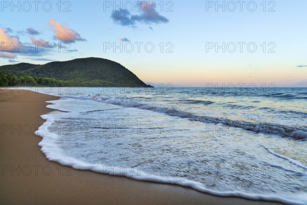 Grande Anse beach, coast and sea at dawn, Deshaies, Basse Terre, Guadeloupe, French Antilles, Caribbean