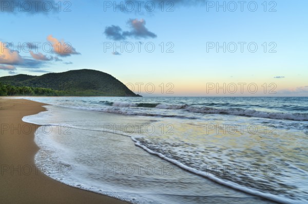 Grande Anse beach, coast and sea at dawn, Deshaies, Basse Terre, Guadeloupe, French Antilles, Caribbean
