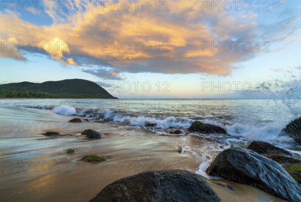 Grande Anse beach, coast and sea at dawn, Deshaies, Basse Terre, Guadeloupe, French Antilles, Caribbean