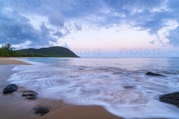 Grande Anse beach, coast and sea at dawn, Deshaies, Basse Terre, Guadeloupe, French Antilles, Caribbean