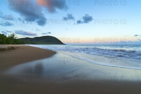 Grande Anse beach, coast and sea at dawn, Deshaies, Basse Terre, Guadeloupe, French Antilles, Caribbean