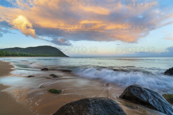Grande Anse beach, coast and sea at dawn, Deshaies, Basse Terre, Guadeloupe, French Antilles, Caribbean
