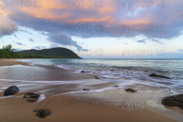 Grande Anse beach, coast and sea at dawn, Deshaies, Basse Terre, Guadeloupe, French Antilles, Caribbean