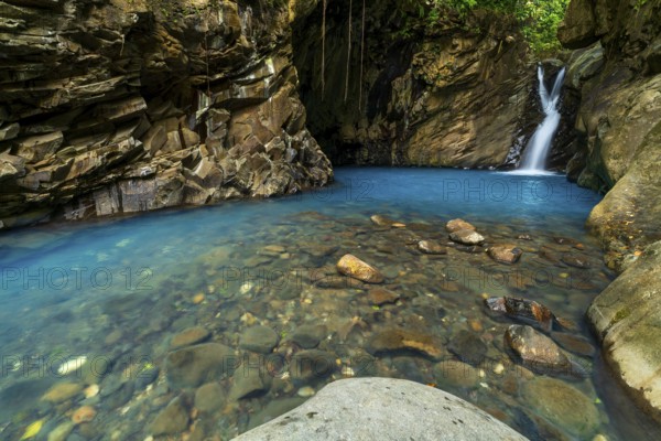Saut d'eau de Matouba, waterfall with blue water, Saint-Claude, Basse Terre, Guadeloupe, French Antilles, Caribbean