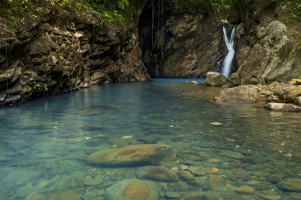 Saut d'eau de Matouba, waterfall with blue water, Saint-Claude, Basse Terre, Guadeloupe, French Antilles, Caribbean