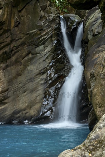 Saut d'eau de Matouba, waterfall with blue water, Saint-Claude, Basse Terre, Guadeloupe, French Antilles, Caribbean